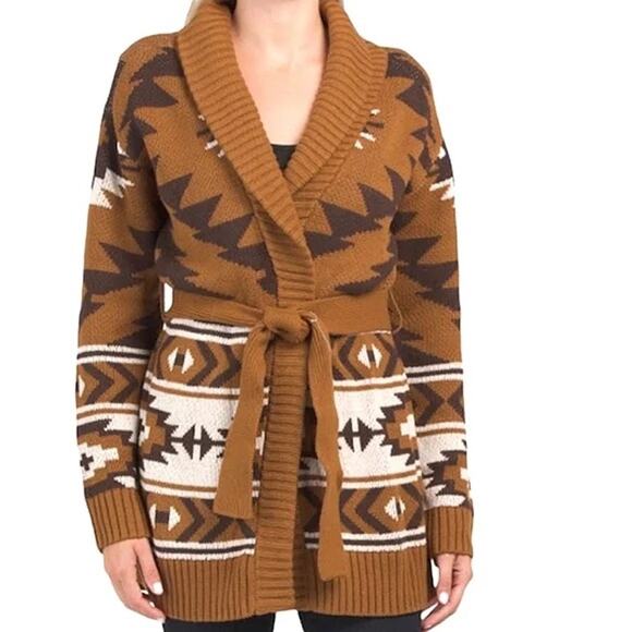 Lucky Brand Tie Waist Knit Cardigan SP Brown Geometric Sweater Southwestern Fall - Picture 1 of 6